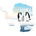 Family of emperor penguins with a chick. Care for the offspring. Realistic Antarctic landscape. Vector illustration in the form of